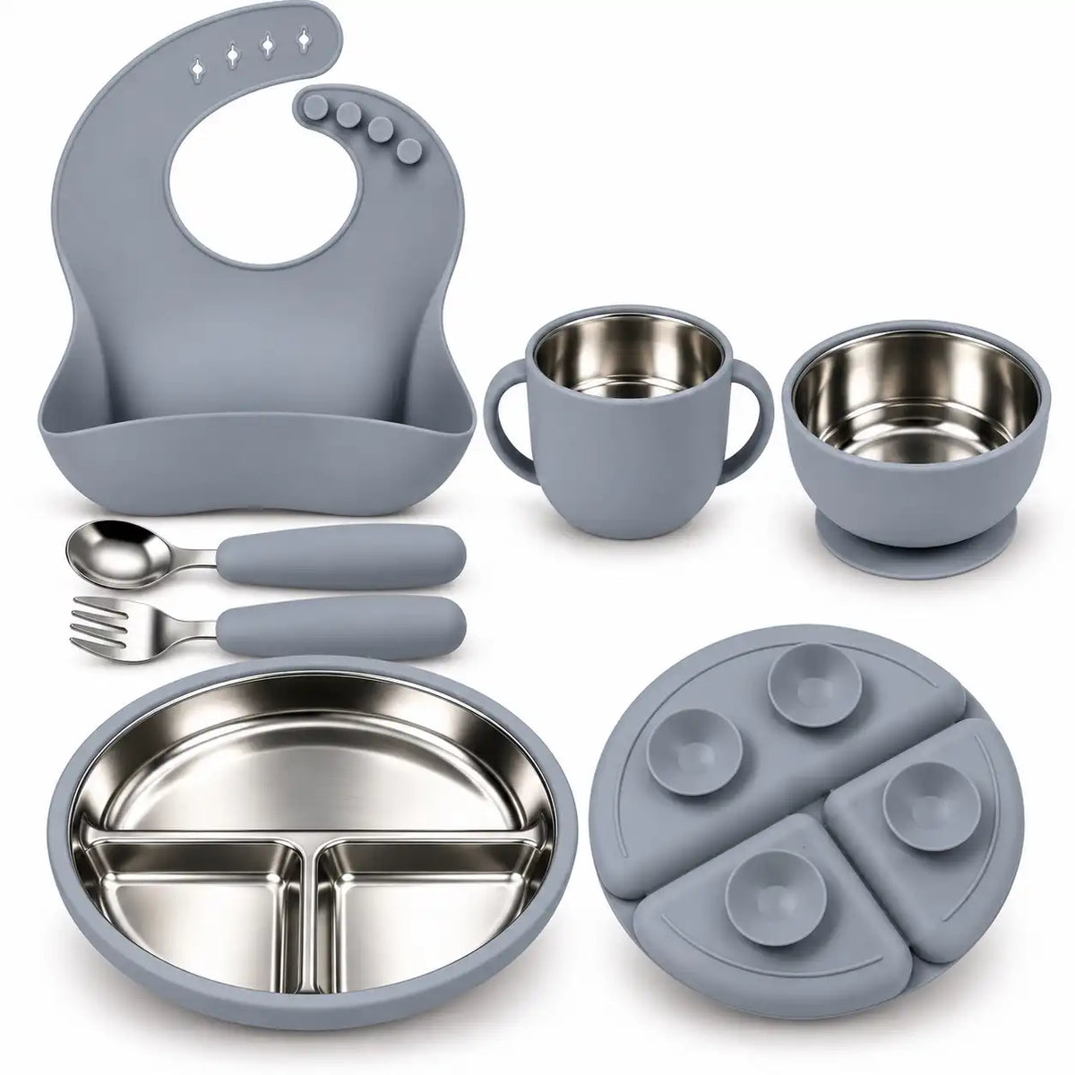 Grey 2-in-1 baby feeding set with steel plate, bowl, cup, silicone bib, spoon and fork