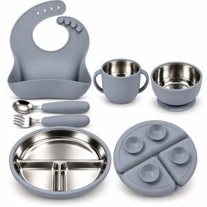 Grey 2-in-1 baby feeding set with steel plate, bowl, cup, silicone bib, spoon and fork