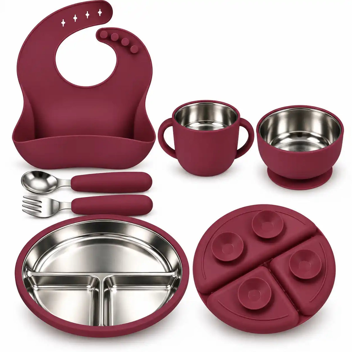Maroon 6-piece baby feeding set with stainless steel utensils and removable silicone parts