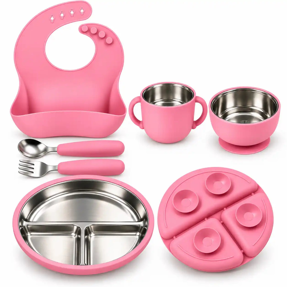 Pink 2-in-1 stainless steel and silicone baby feeding set with plate, bowl, cup, bib, spoon and fork