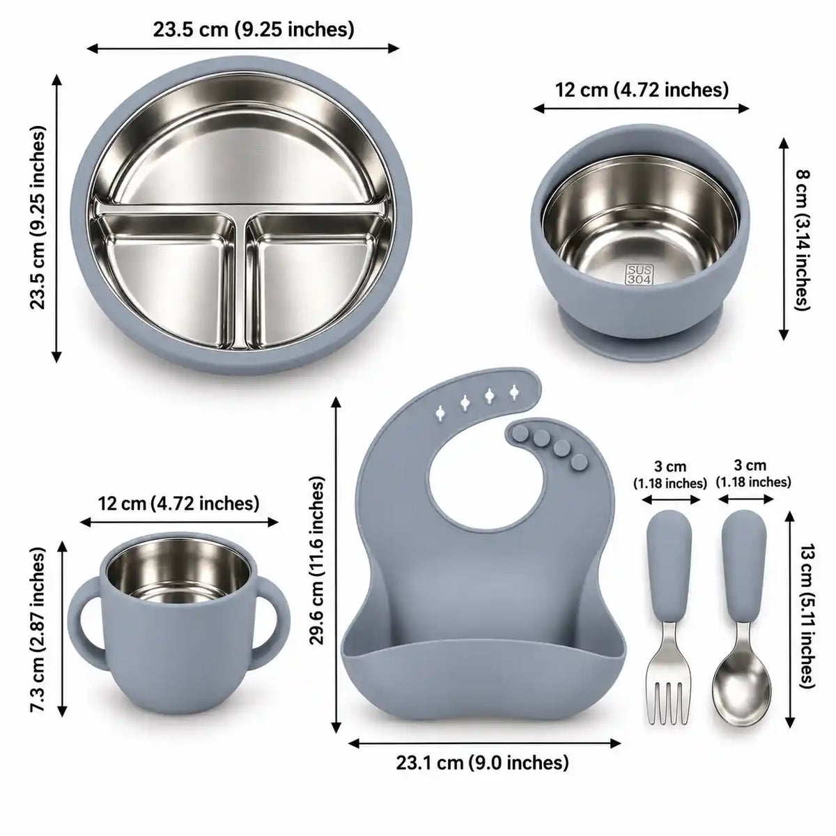 2-in-1 stainless steel and silicone baby feeding set size details