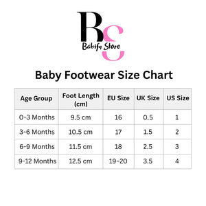 Size chart for red baby girl bow sandals for ages 0 to 12 months