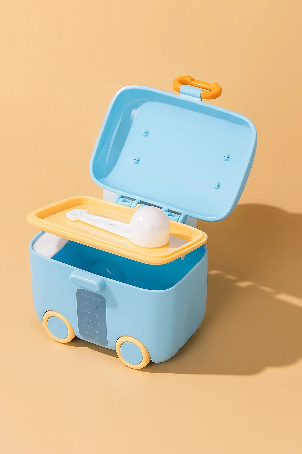 Open baby formula powder storage box with scoop tray