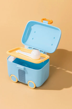 Open baby formula powder storage box with scoop tray