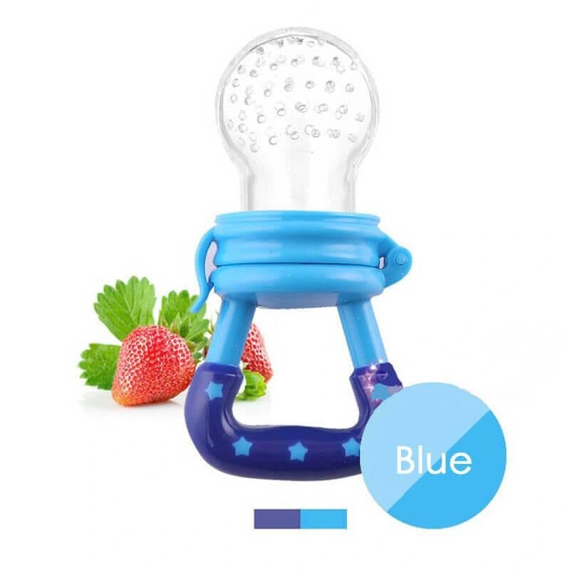 Blue baby fruit feeder pacifier with silicone mesh