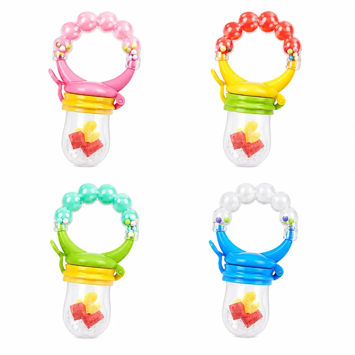 Baby fruit feeder pacifier in multiple colors with fruit inside