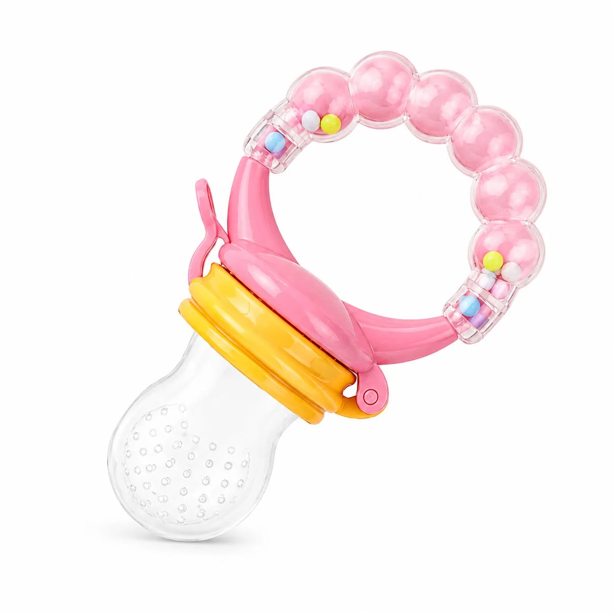 Pink baby fruit feeder pacifier with transparent silicone feeder