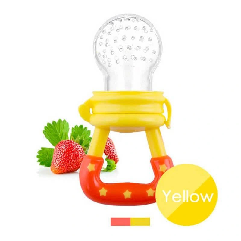 Yellow baby fruit feeder pacifier with silicone mesh