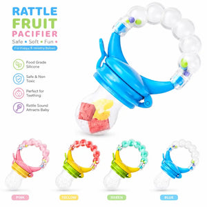 Baby fruit feeder rattle pacifier with food grade silicone and teething features