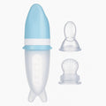 Blue 2-in-1 silicone spoon feeder and fruit pacifier for baby puree and teething use