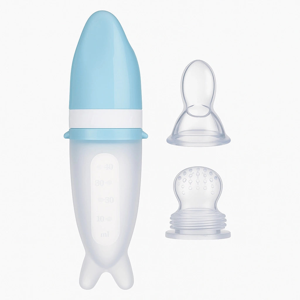 Blue 2-in-1 silicone spoon feeder and fruit pacifier for baby puree and teething use