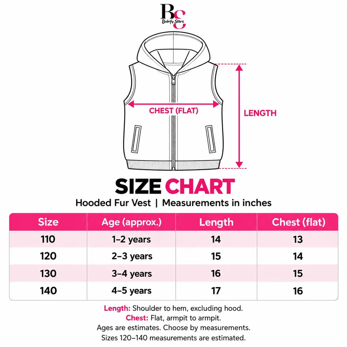 Girls bunny hooded winter fur vest size chart 110 to 140 with length, flat chest measurements and approximate ages