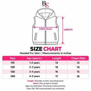 Girls bunny hooded winter fur vest size chart 110 to 140 with length, flat chest measurements and approximate ages