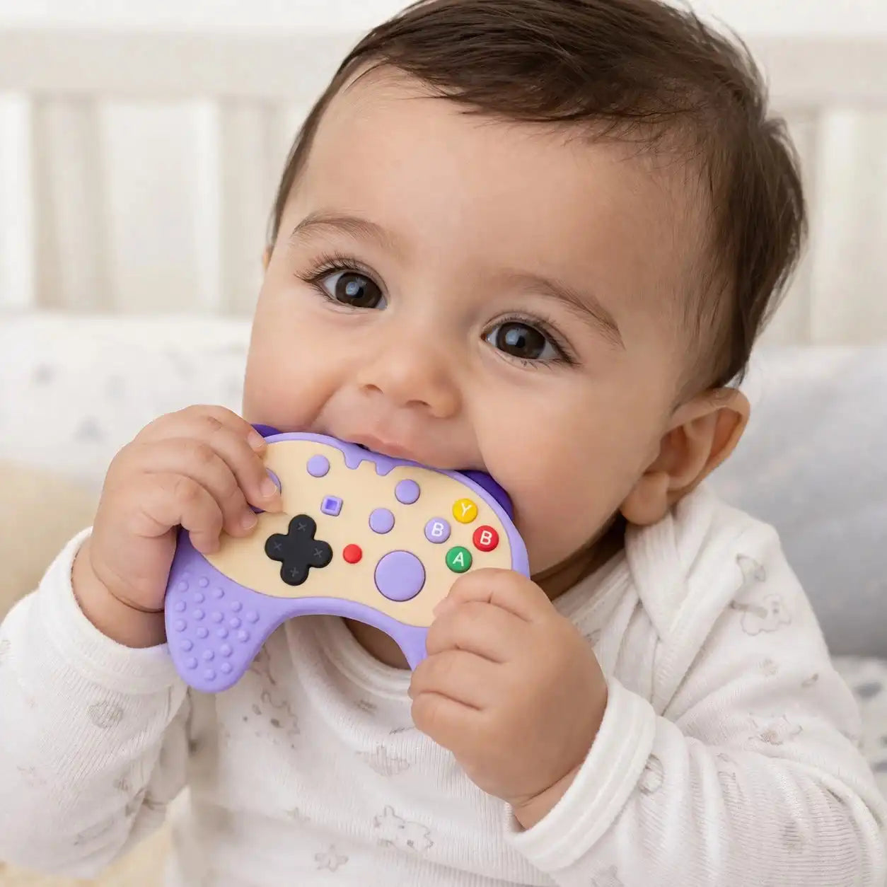 Baby Using Game Controller Shape Silicone Teether for Soothing Gums and Teething Relief