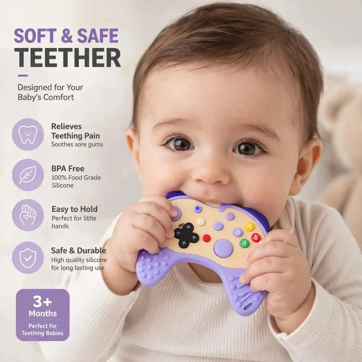 Soft and Safe Game Controller Silicone Teether Designed for Baby Teething and Sensory Play