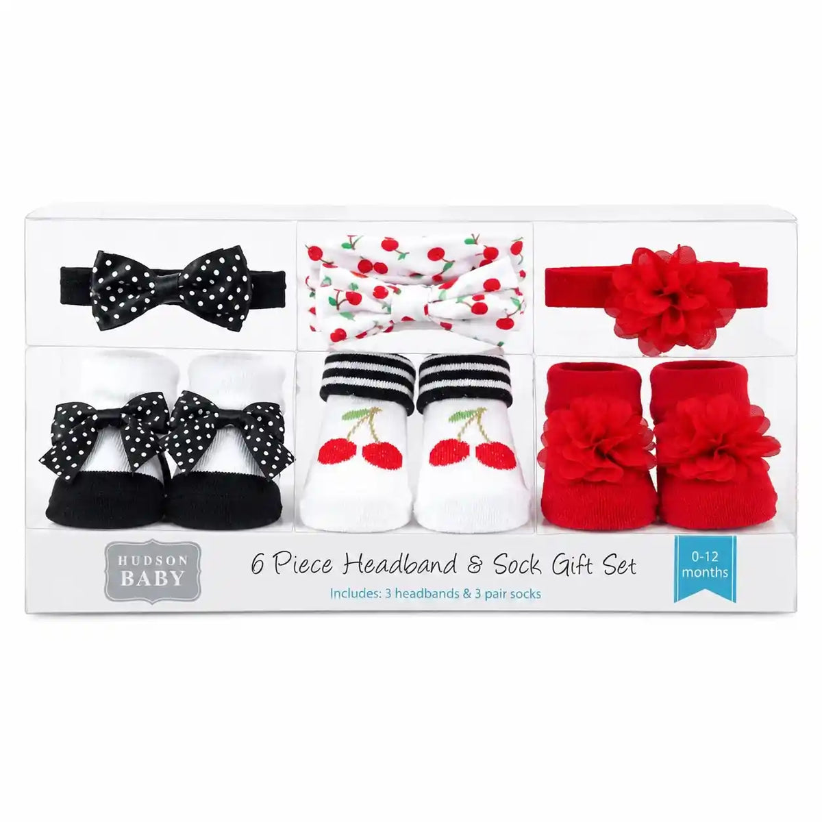 Hudson Baby 6-piece headband and sock gift set in red black and white with polka dot and cherry patterns for 0-12 months