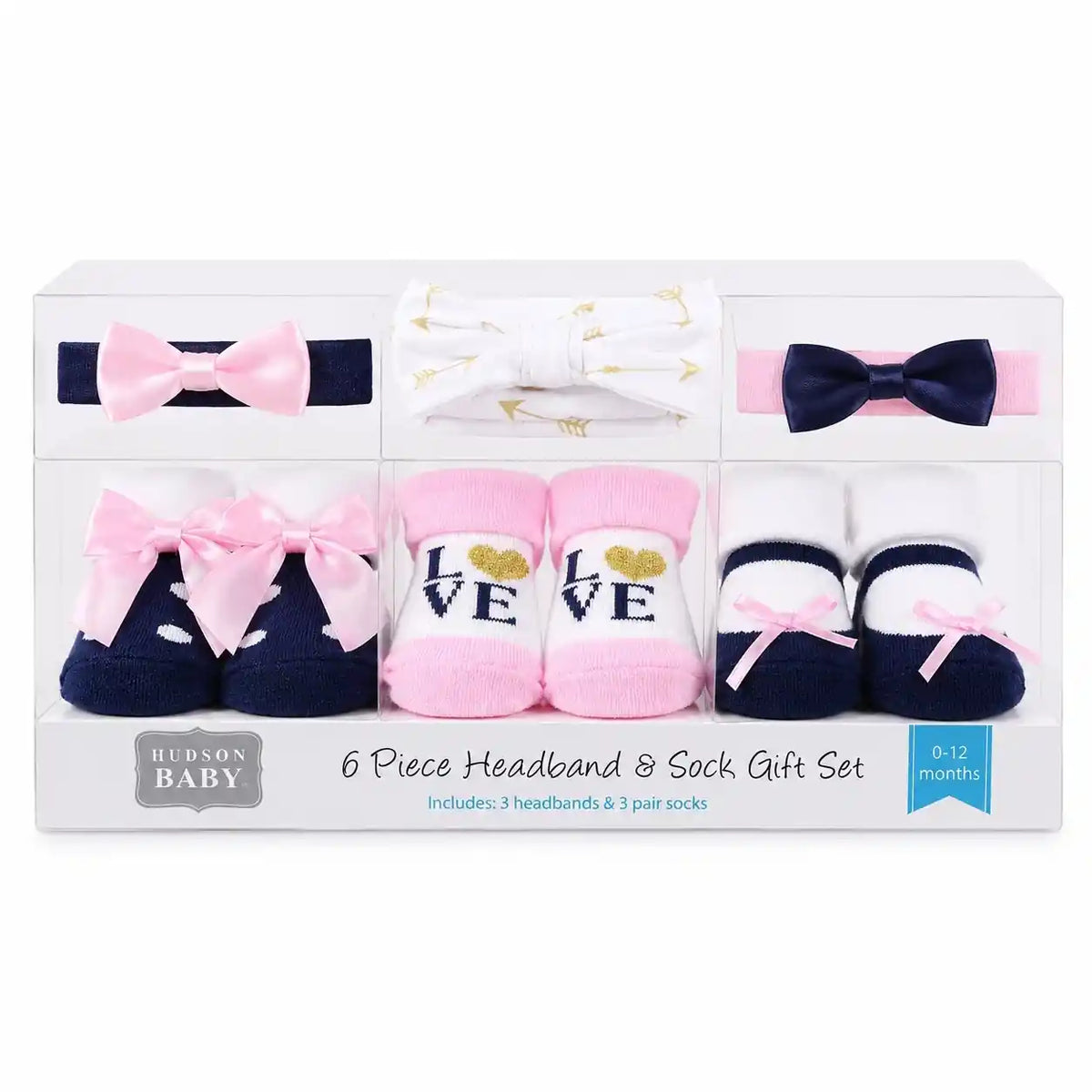 Hudson Baby 6-piece headband and sock gift set in pink navy and white with bow details for 0-12 months