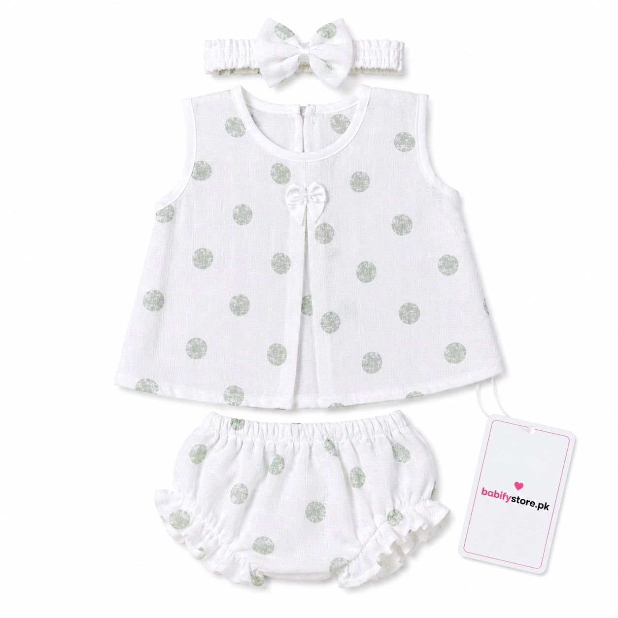 White baby girl muslin frock, bloomer and matching hairband set with grey polka dots