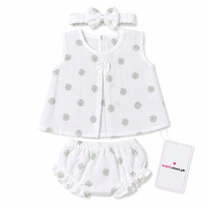 White baby girl muslin frock, bloomer and matching hairband set with grey polka dots