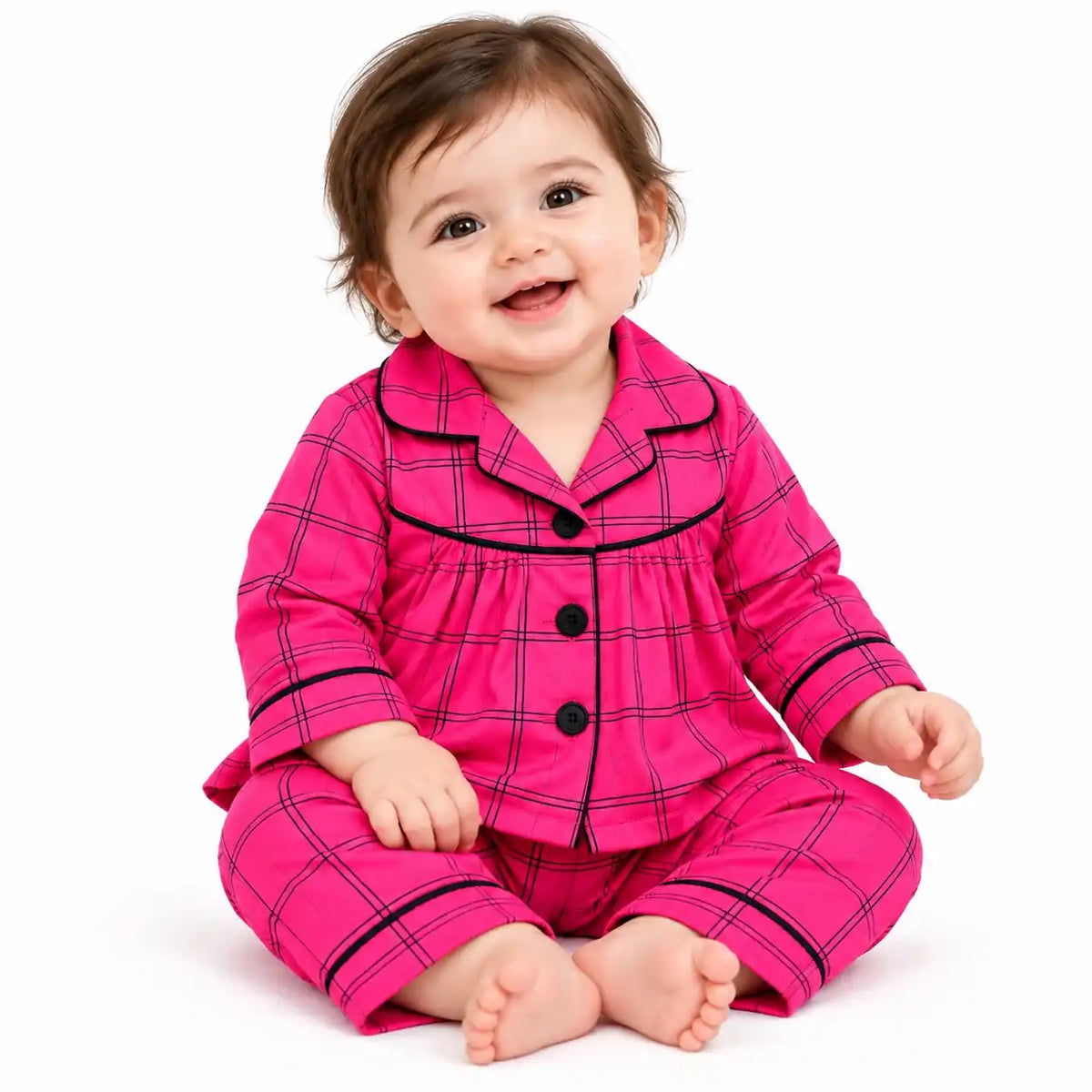 Baby Girls Checkered Night Suit Shirt and Pajama Set