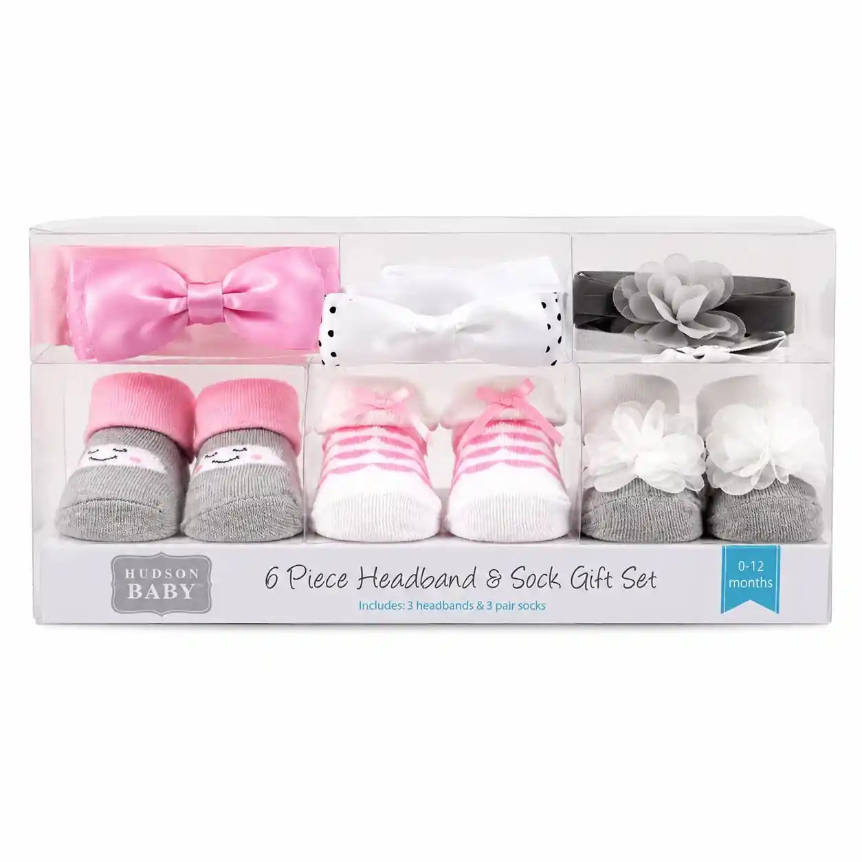 Hudson Baby 6-piece headband and sock gift set in pink white and grey with satin bow and pom pom details for 0-12 months