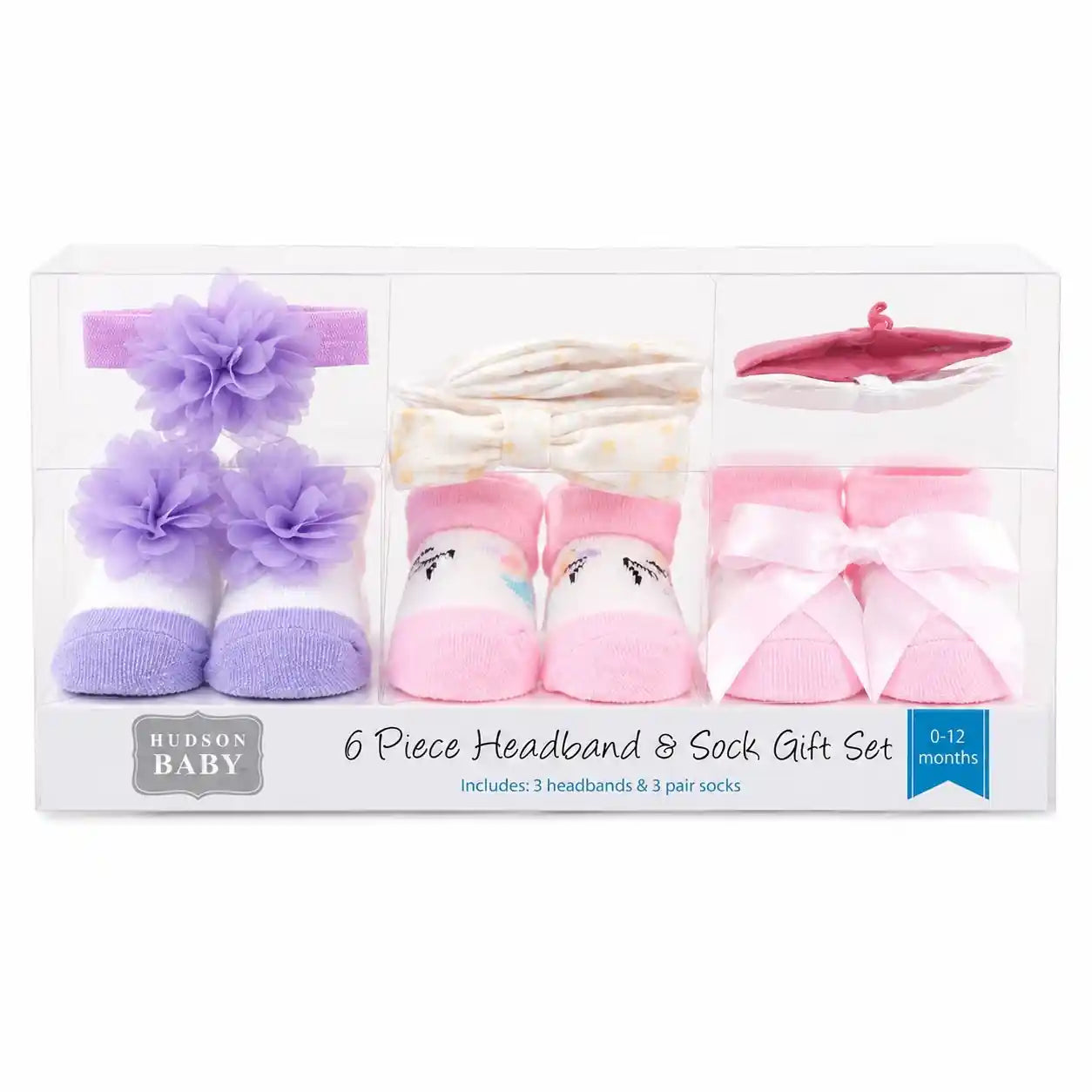 Hudson Baby 6-piece headband and sock gift set in purple pink and white with flower bow and eyelash patterns for 0-12 months