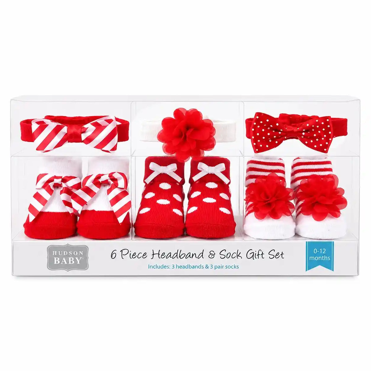 Hudson Baby 6-piece headband and sock gift set in red and white with striped and polka dot designs for 0-12 months