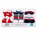 Baby girl red navy and white 6 piece headband and socks gift set with bows and heart design