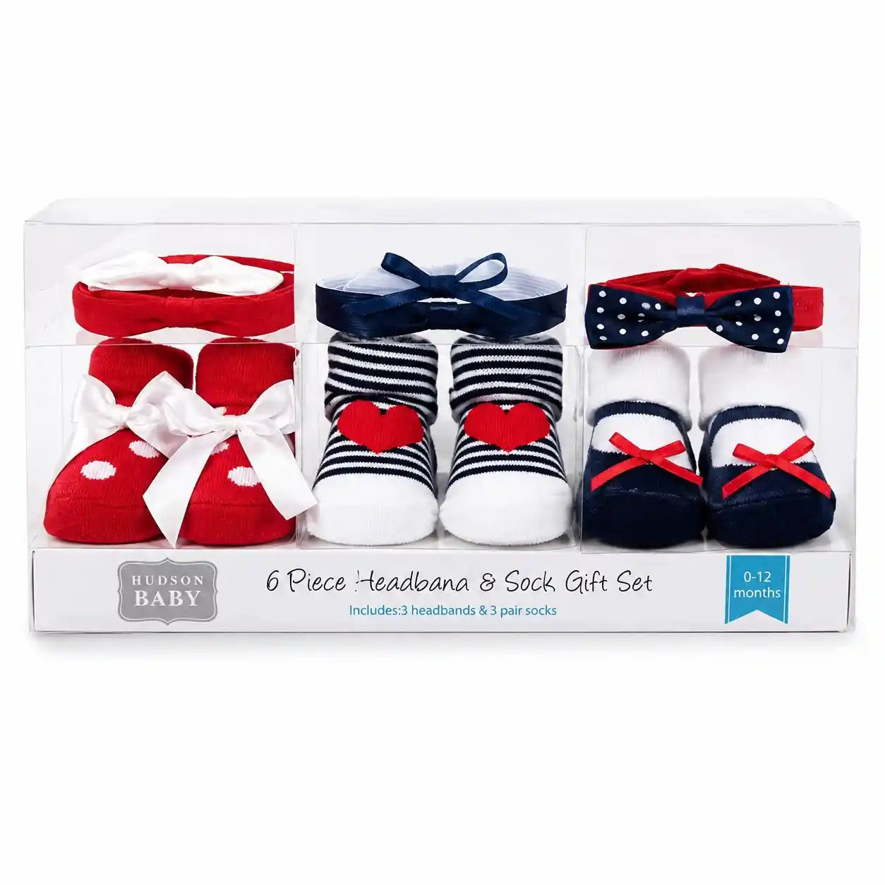 Baby girl red navy and white 6 piece headband and socks gift set with bows and heart design