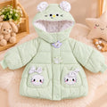 Mint green hooded baby winter puffer jacket with cute character pockets, decorative bows and ear detailing