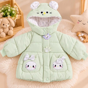 Mint green hooded baby winter puffer jacket with cute character pockets, decorative bows and ear detailing