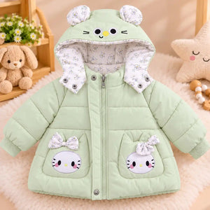 Mint green padded baby winter jacket with open printed hood, full front zipper and two cute character bow pockets