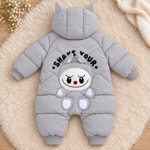 Grey padded baby winter romper back view with hood, ribbed cuffs and large cute character design