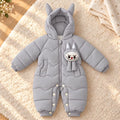 Grey hooded parachute puffer winter baby romper front view with cute character, pockets and zip closure
