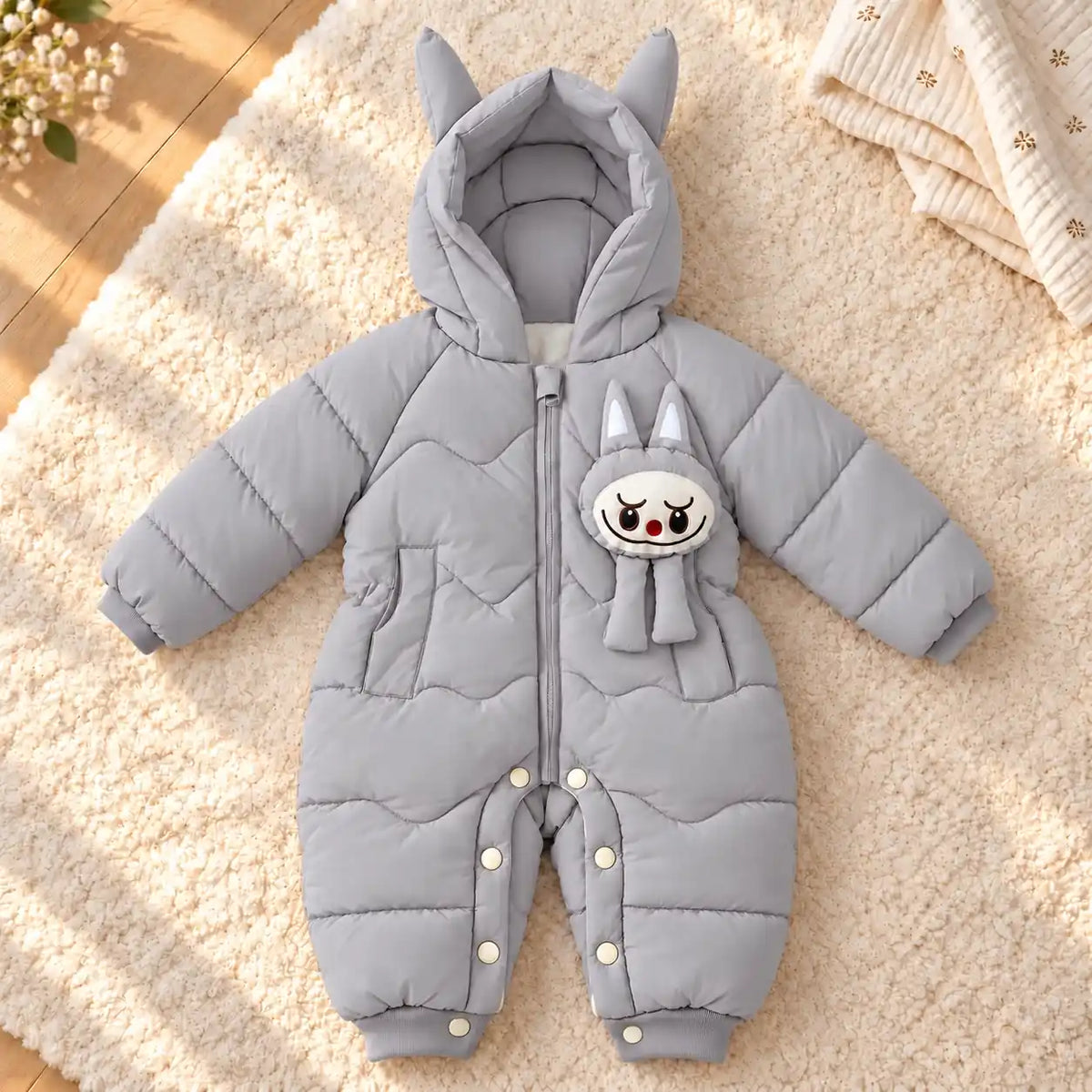 Grey hooded parachute puffer winter baby romper front view with cute character, pockets and zip closure