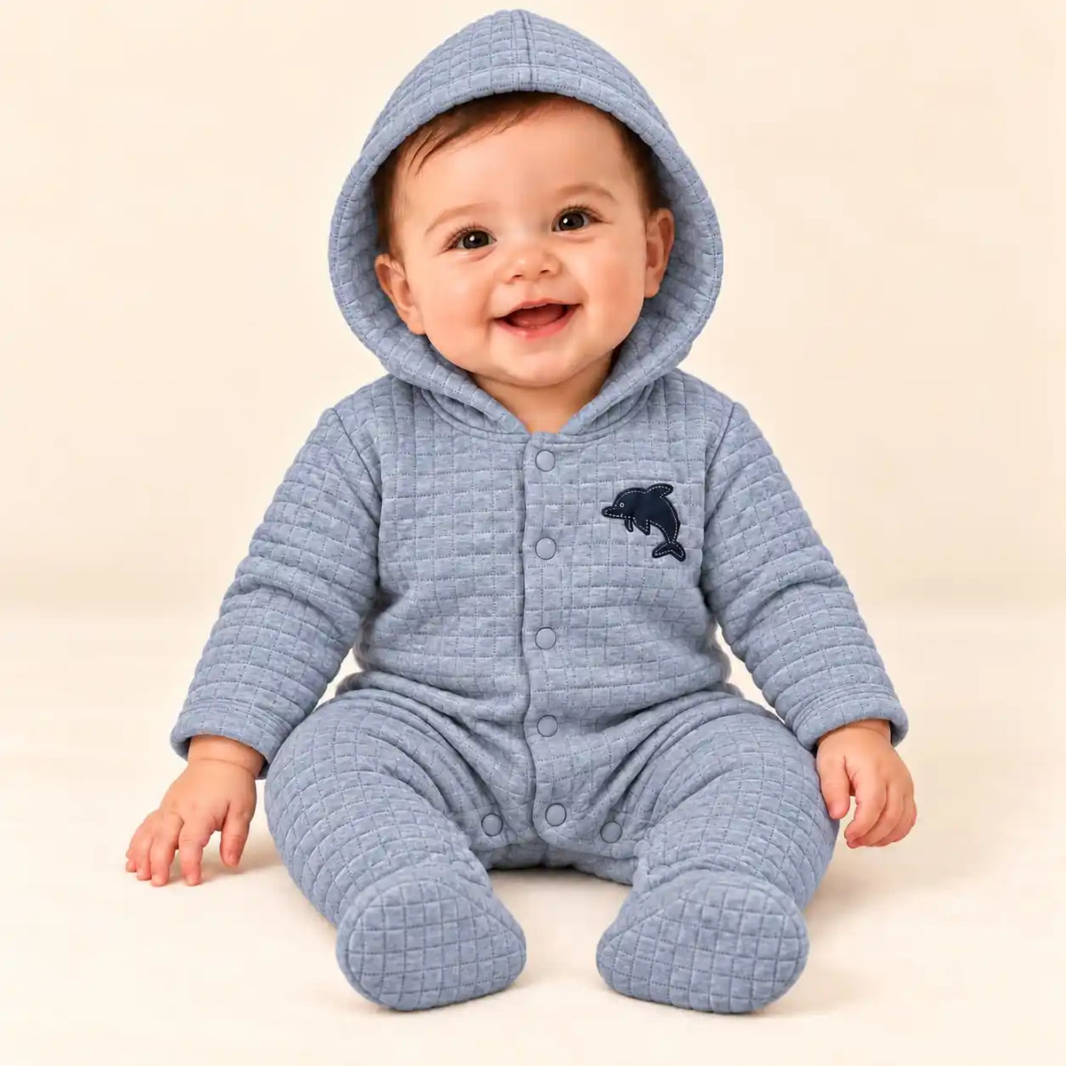Baby wearing grey hooded quilted winter romper with long sleeves, attached footies and dolphin chest applique