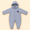 Grey baby hooded square quilted winter romper with attached footies, front snap buttons and navy blue dolphin applique