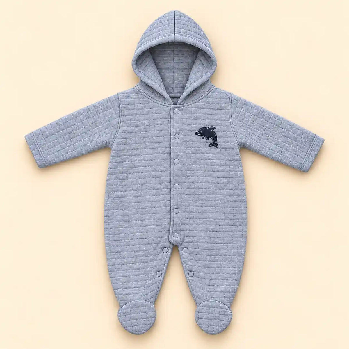 Grey baby hooded square quilted winter romper with attached footies, front snap buttons and navy blue dolphin applique
