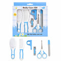 Blue 6 piece baby grooming care kit with brush, comb, nail clipper, scissors and nail file