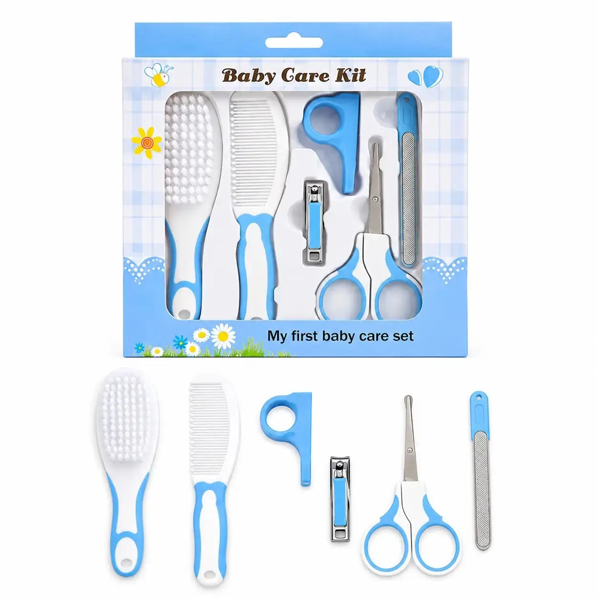 Blue 6 piece baby grooming care kit with brush, comb, nail clipper, scissors and nail file