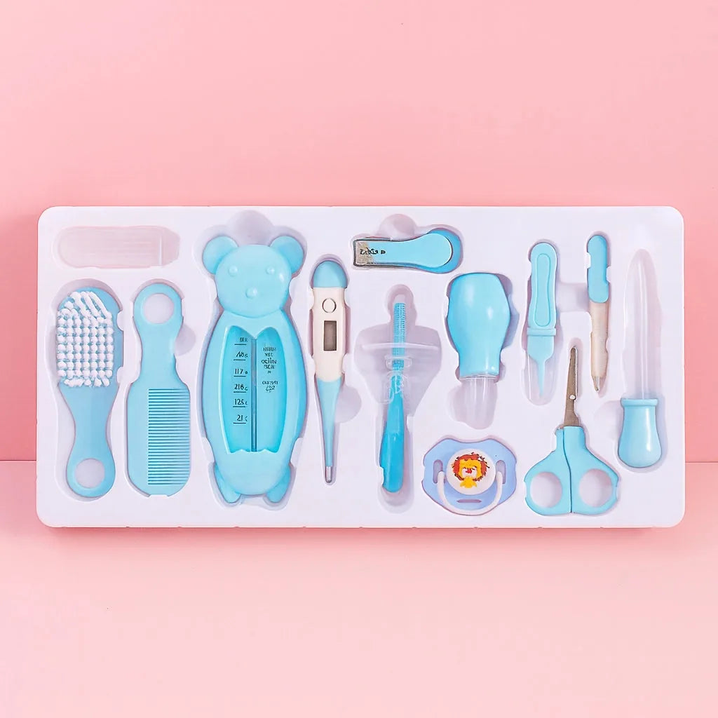 Blue baby grooming and care kit complete set arranged in storage tray