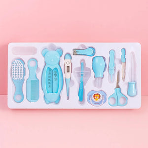 Blue baby grooming and care kit complete set arranged in storage tray