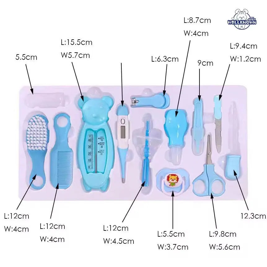 Blue baby grooming care kit size guide showing dimensions of included accessories