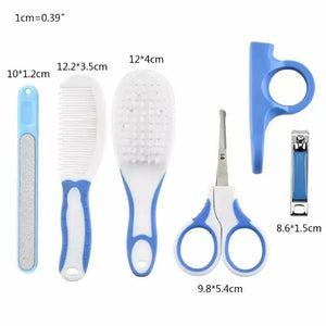 Blue baby grooming care kit size guide showing dimensions of included grooming tools