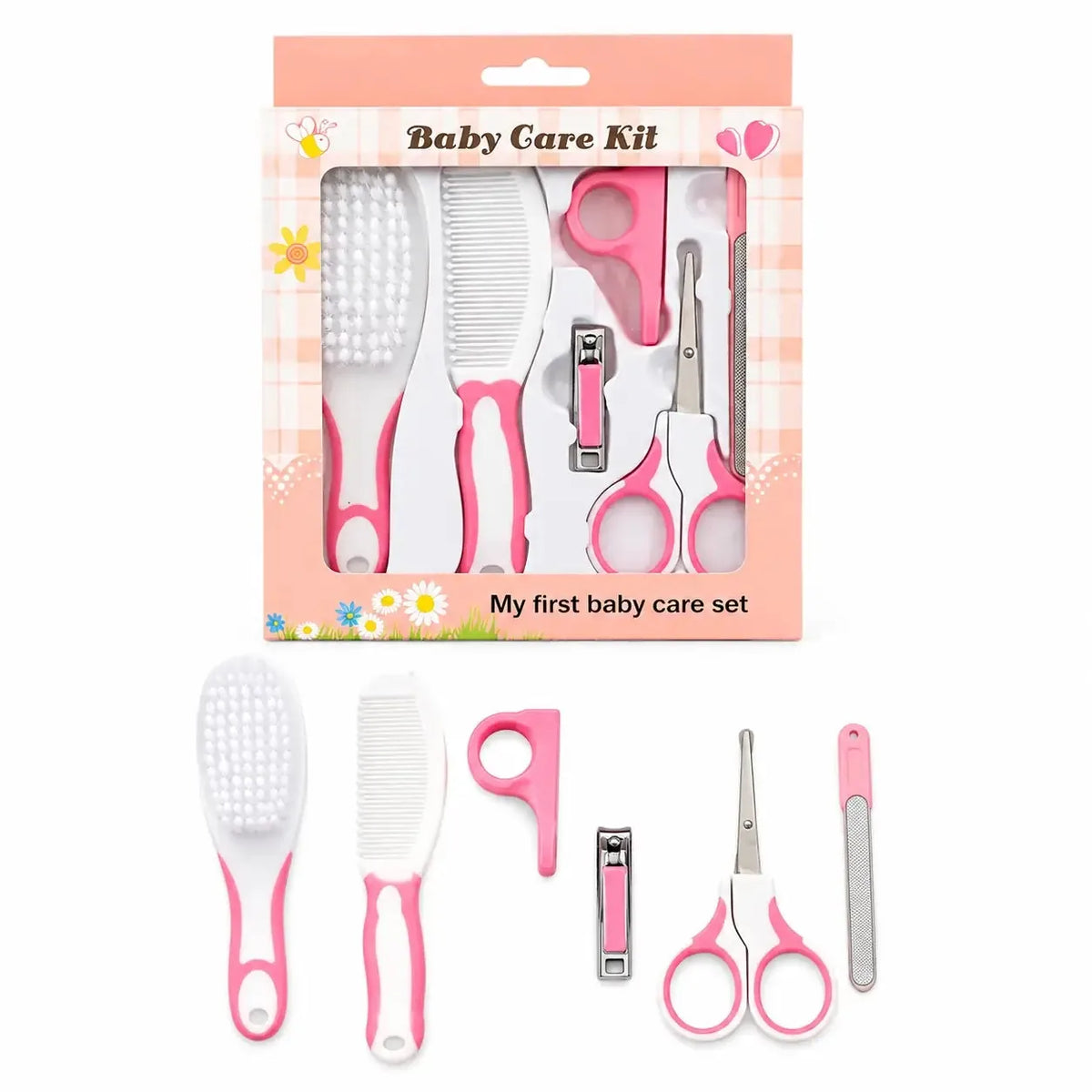 Pink 6 piece baby grooming care kit with brush, comb, nail clipper, scissors and nail file