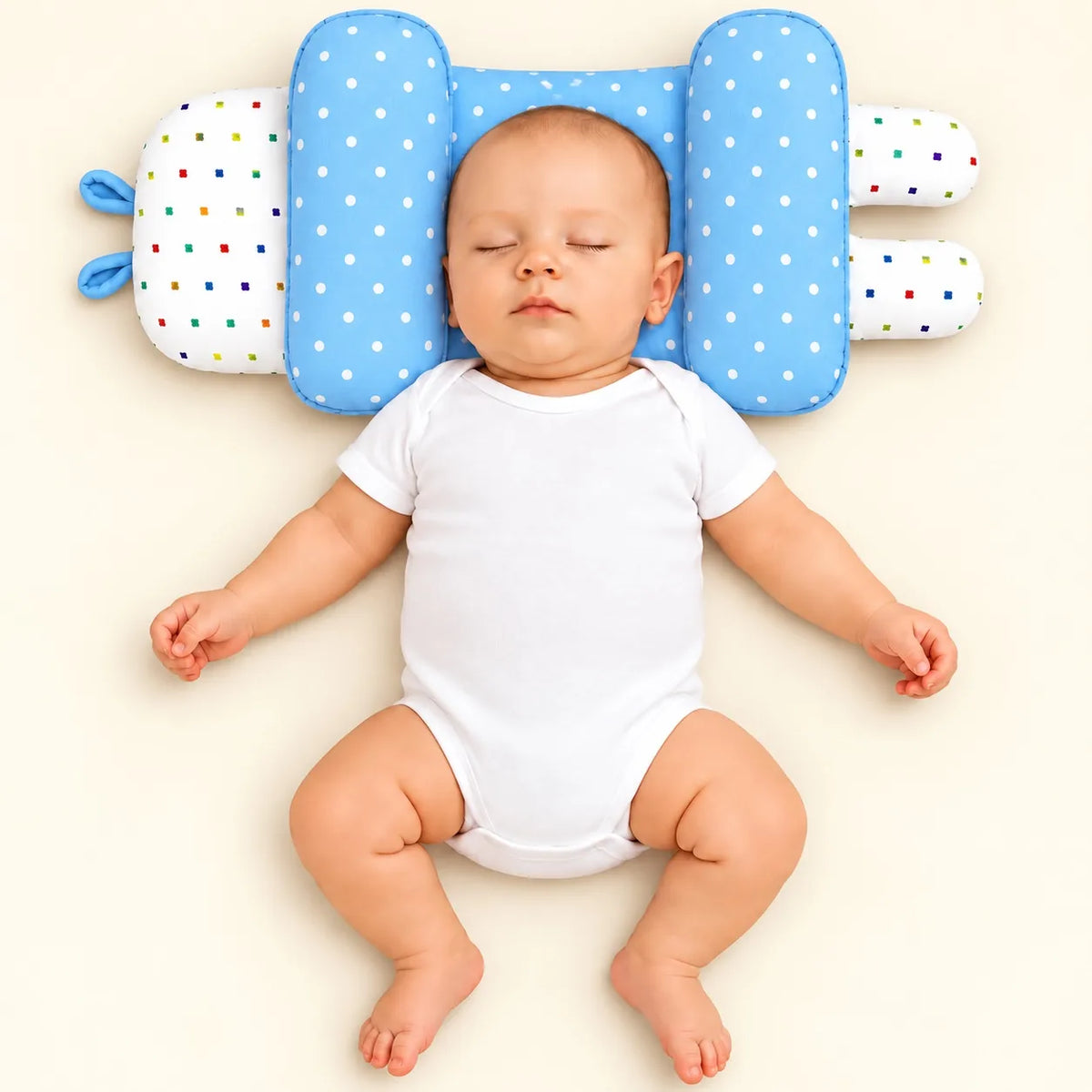 Adjustable Baby Head Shape Pillow Sky Blue Polka Dot in Pakistan