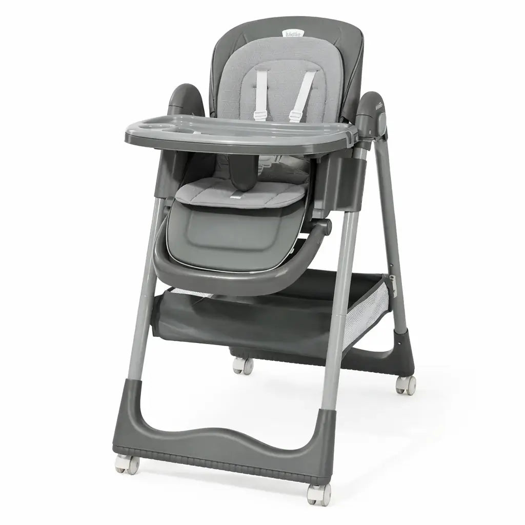 Kidilo KD905 Foldable Baby High Chair in Grey with Safety Harness and Comfortable Cushioned Seat