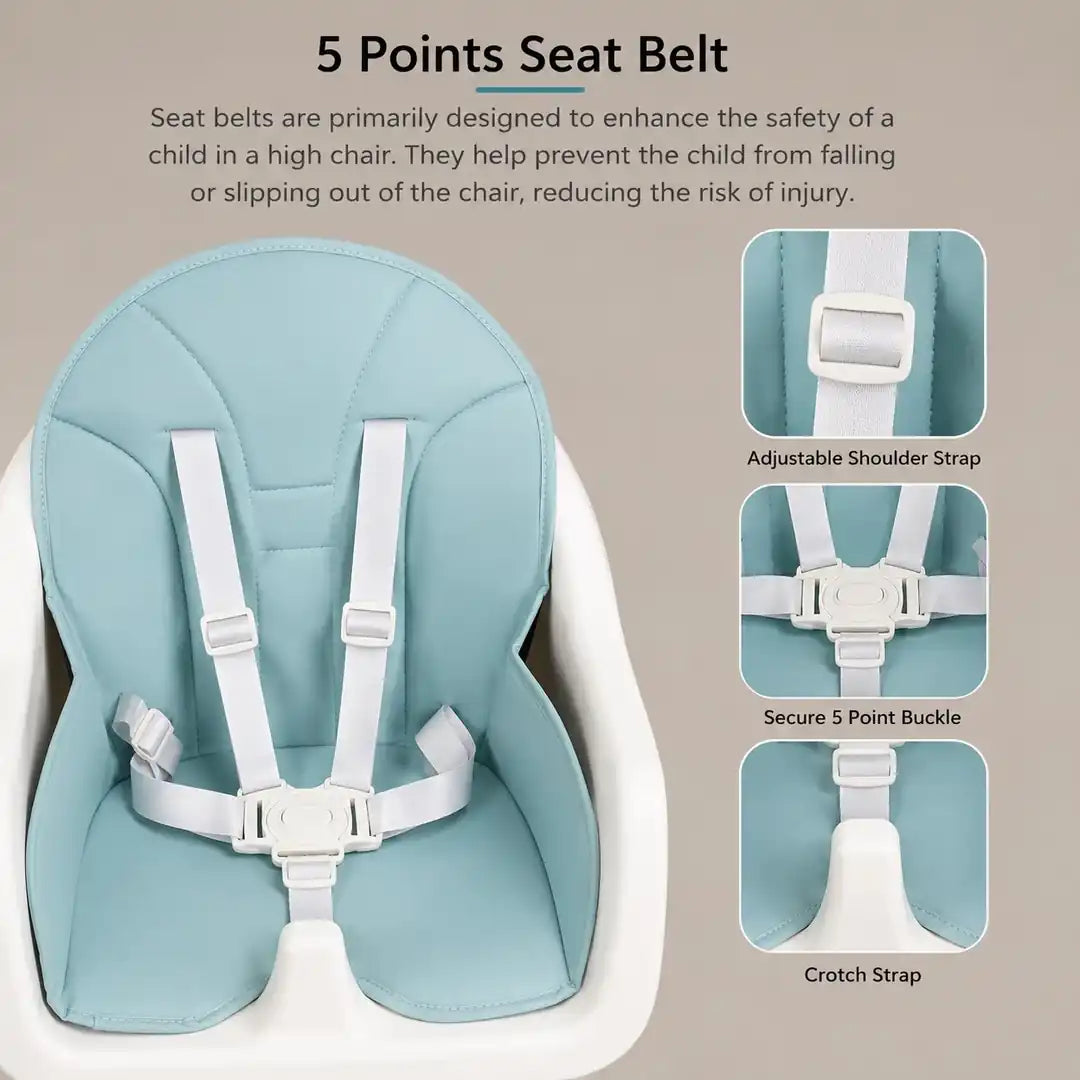 Kidilo baby high chair with adjustable 5 point safety belt and secure buckle