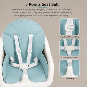 Kidilo baby high chair with adjustable 5 point safety belt and secure buckle
