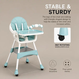 Kidilo baby high chair with stable frame and 360 degree lockable wheels